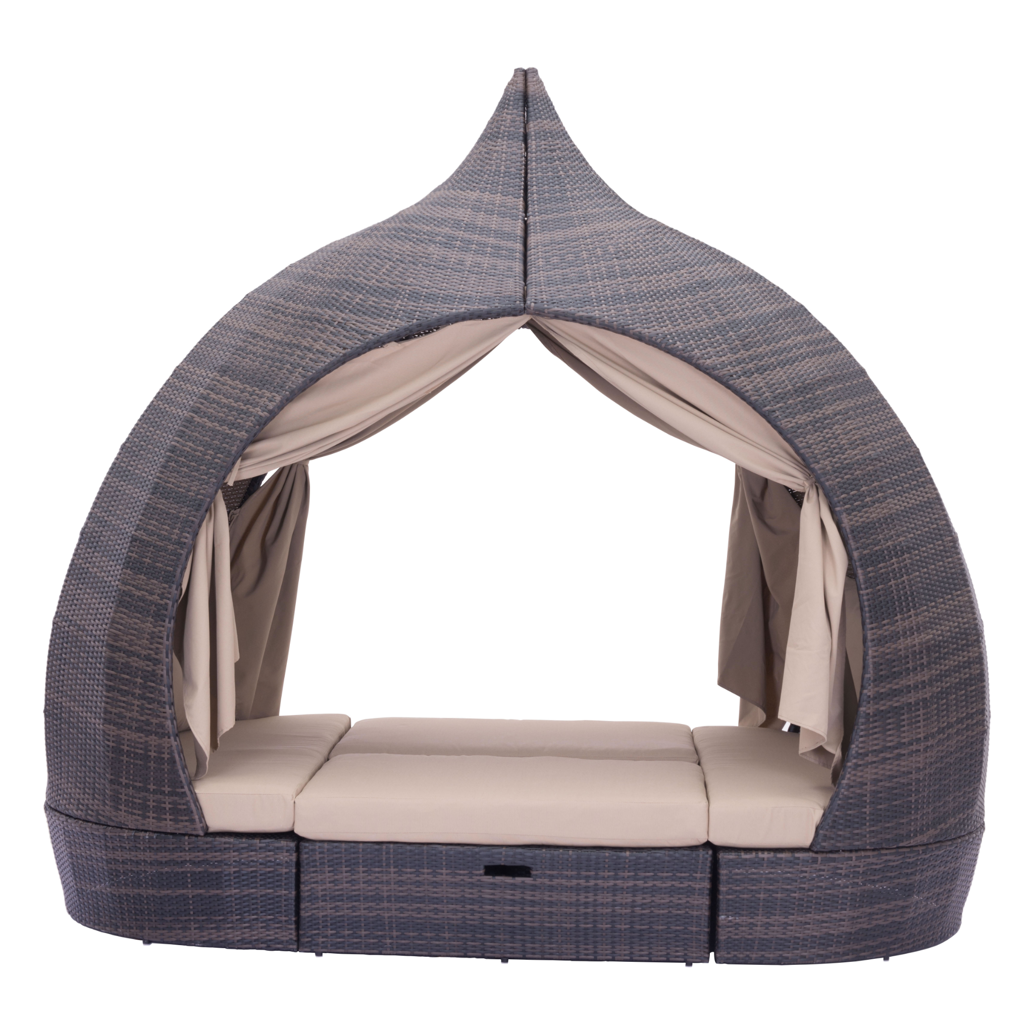 Front-view-of-wicker-cabana-bed---dark-woven-frame-with-beige-cushions-and-curtains---product-page---