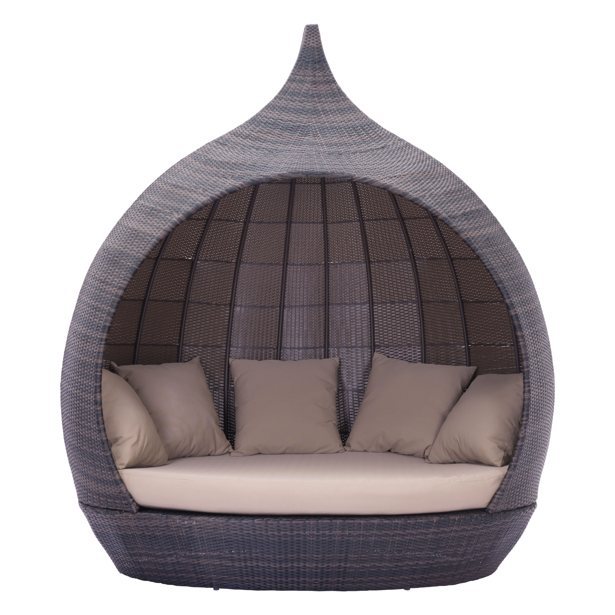 Dark-wicker-cabana-chair---featuring-beige-cushions-and-rounded-canopy---front-view---product-page---