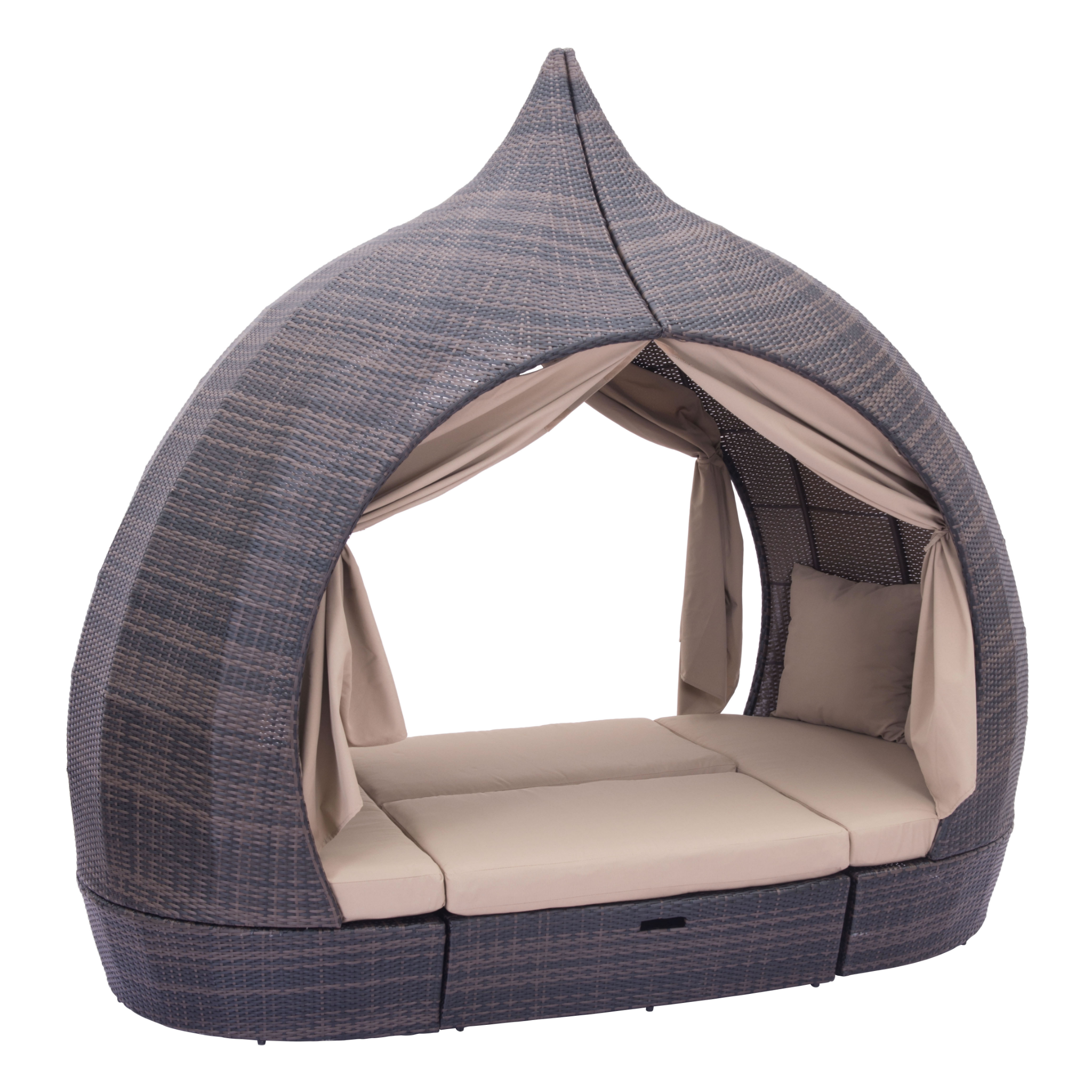 Wicker-cabana-bed---open-view-of-dark-woven-frame-with-beige-cushions-and-partially-open-curtains---product-page---