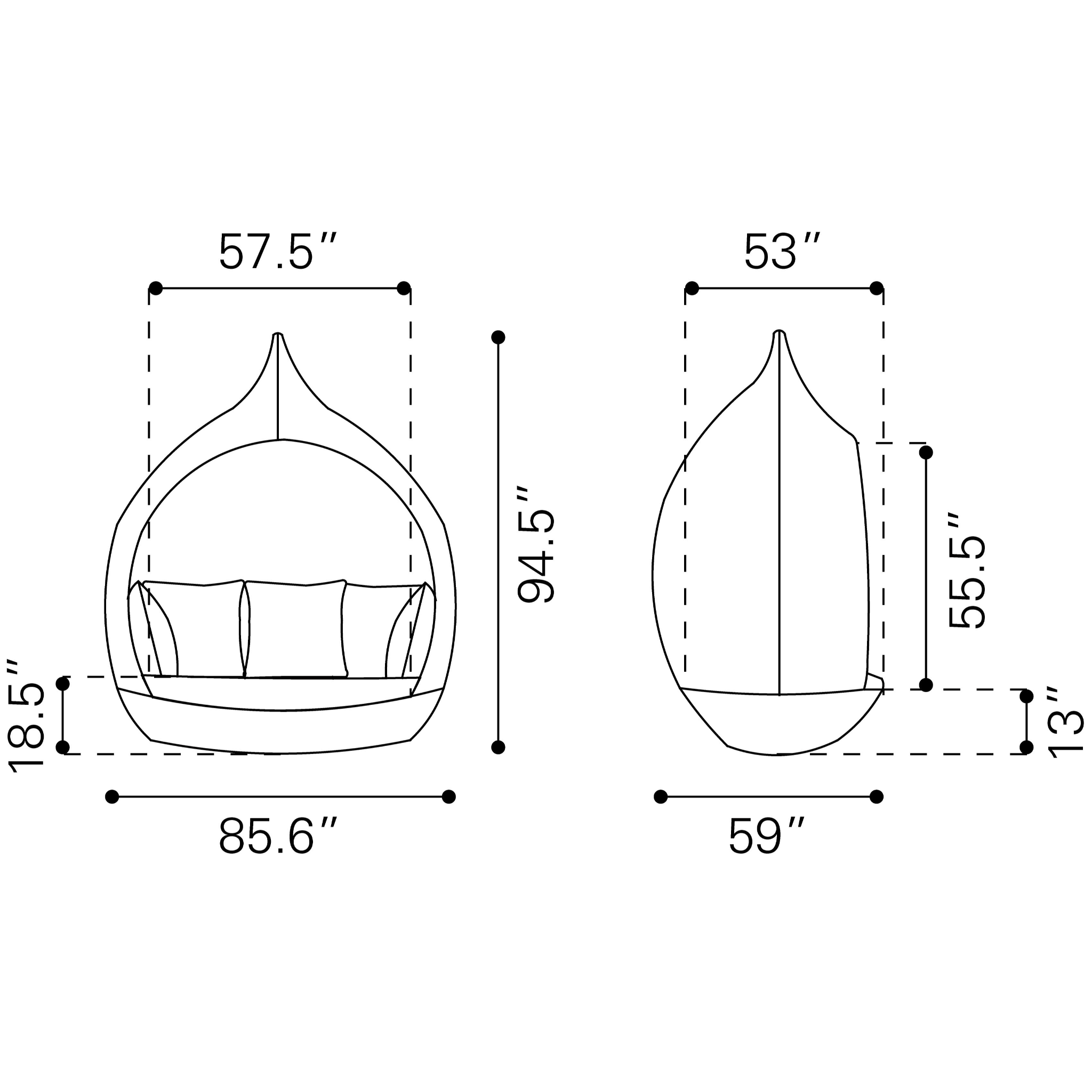 Dimension-sketch-of-wicker-cabana---front-and-side-views-94.5-inches-tall-85.6-inches-wide-59-inches-deep---product-page---