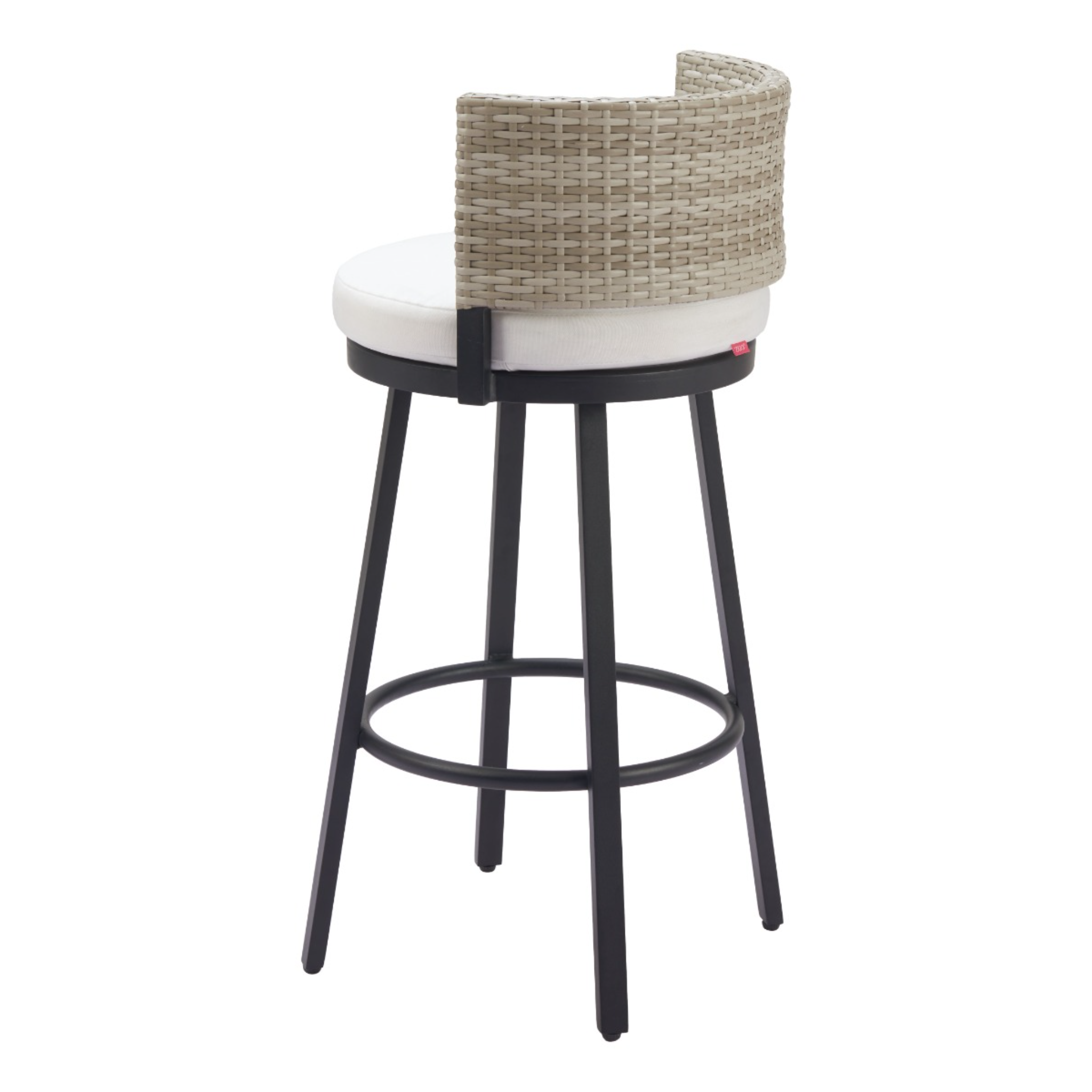 Outdoor-bar-stool-featuring-beige-wicker-backrest-black-metal-frame-and-white-cushion---productpage---