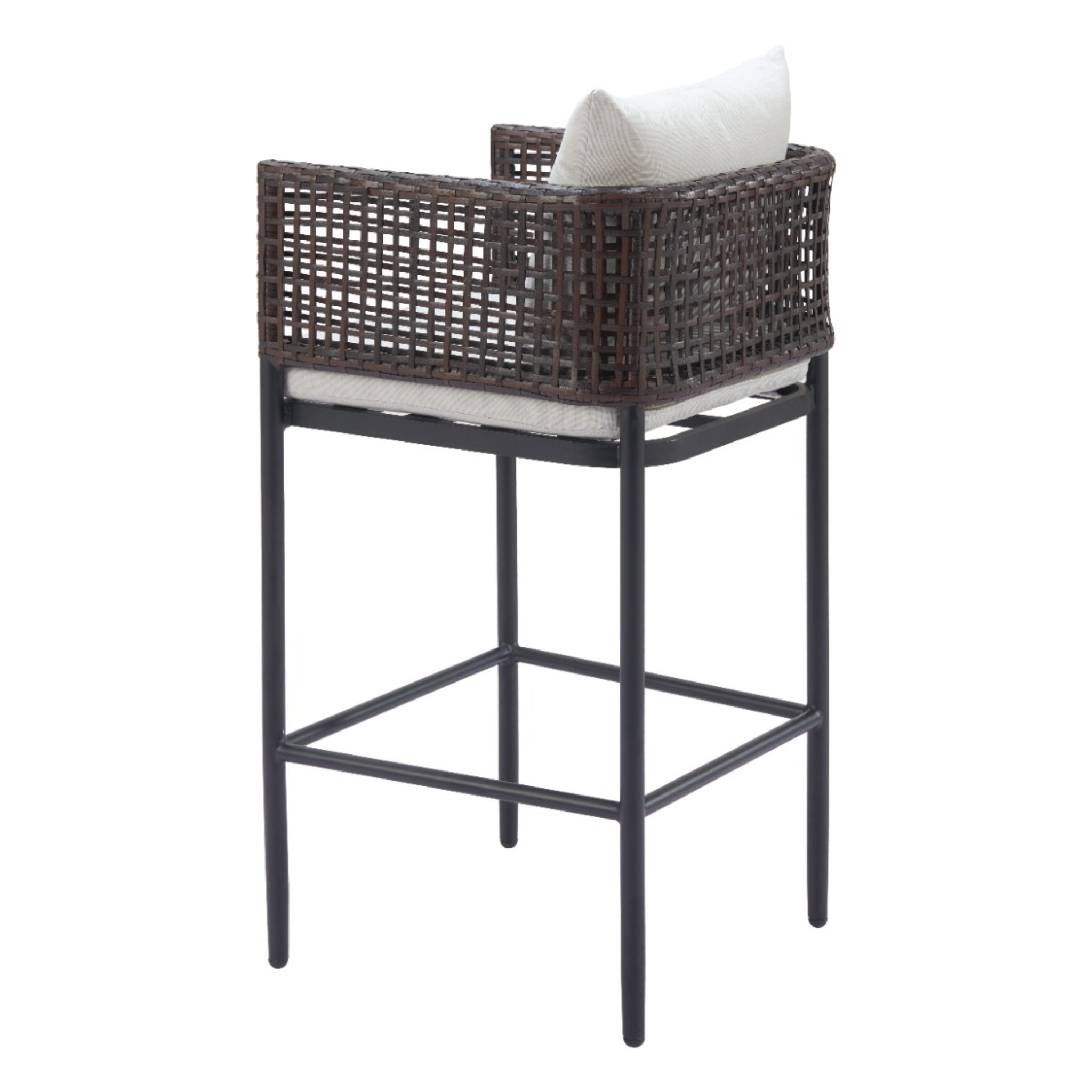 Stylish-rattan-bar-stool-with-black-metal-frame-and-white-cushion-seen-from-angle---productpage---