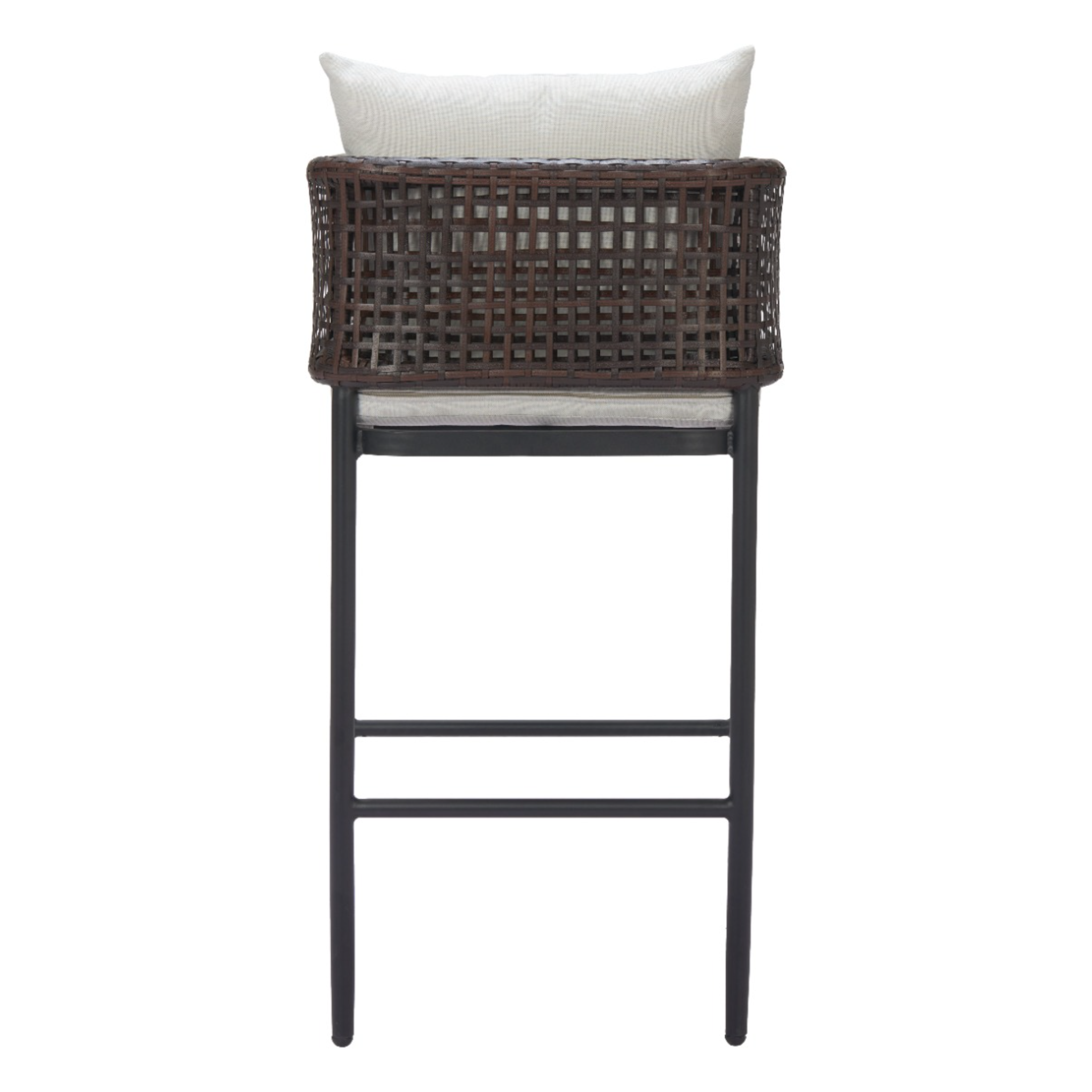 Contemporary-rattan-bar-stool-with-black-metal-frame-and-white-cushion-seen-from-rear---productpage---