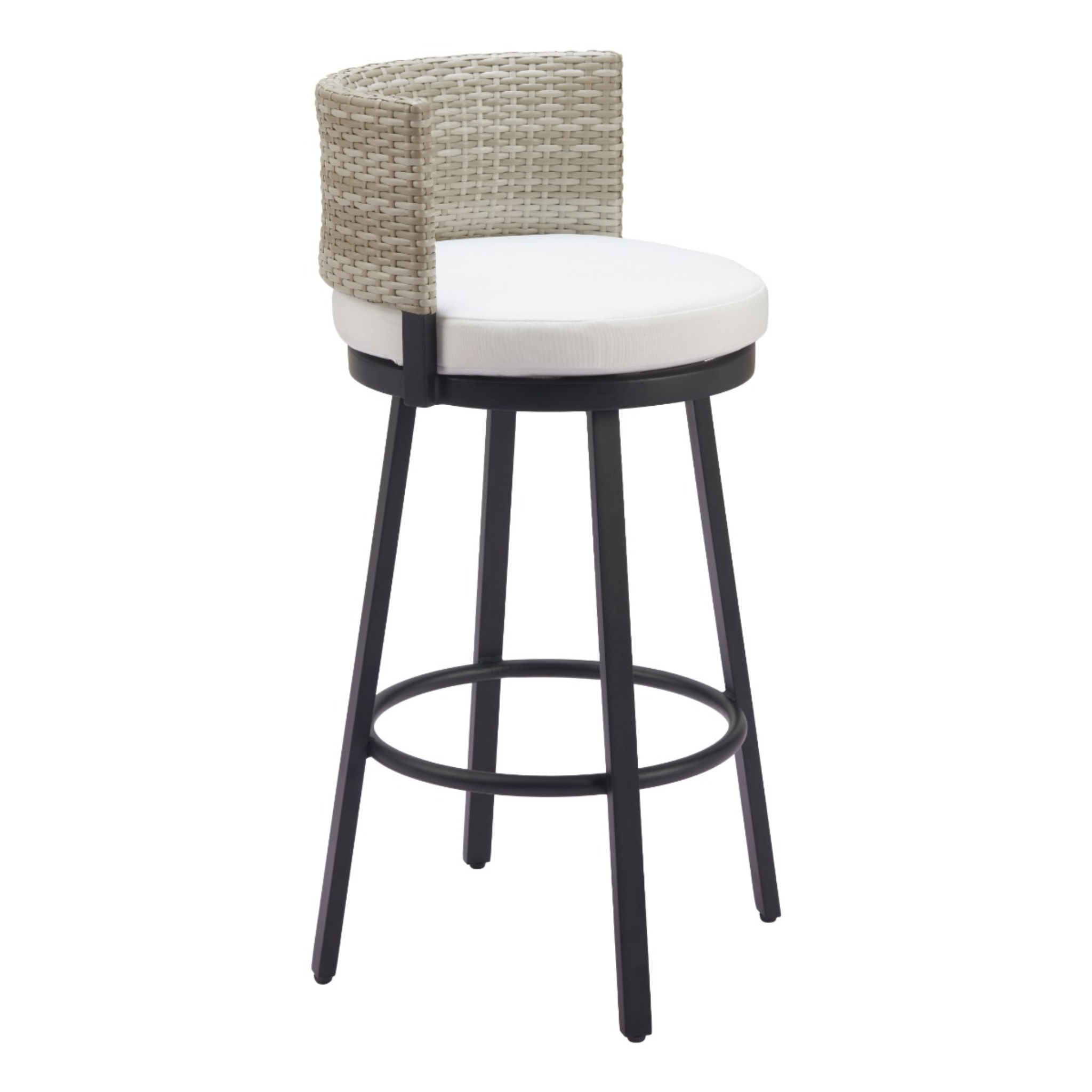 Beige-woven-backrest-outdoor-bar-stool-with-white-cushion-and-black-metal-legs-front-view---productpage---