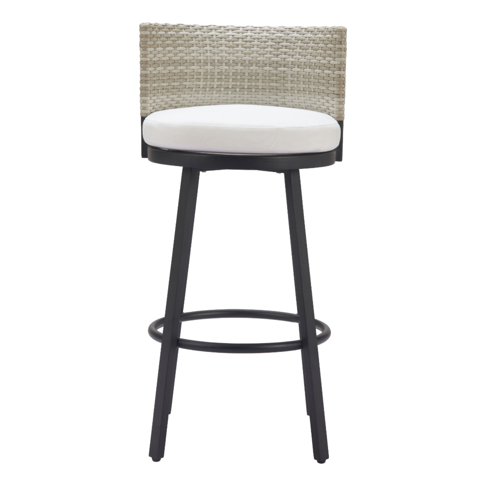 Beige-wicker-outdoor-bar-stool-with-black-metal-legs-and-round-footrest-front-view---productpage---