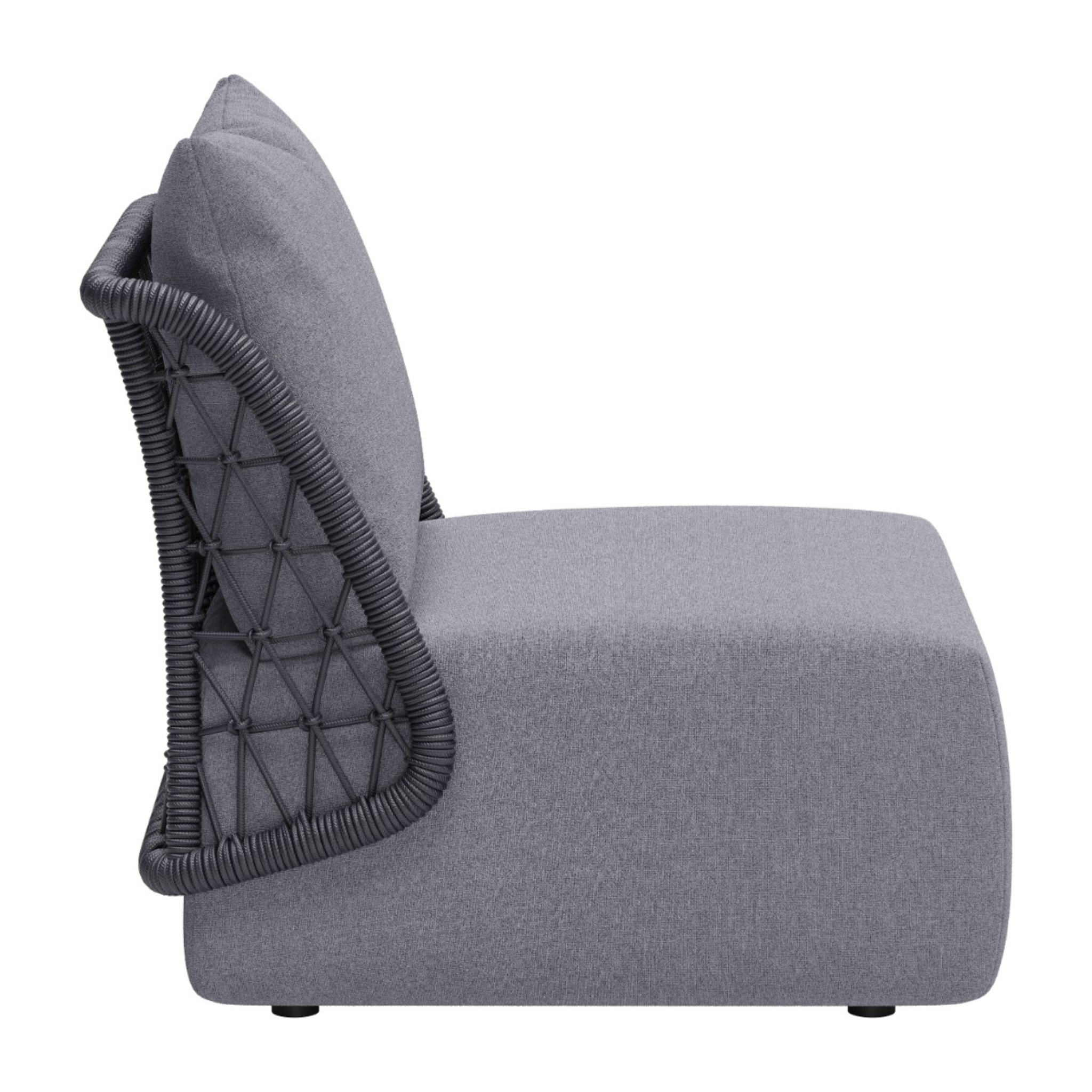 Side-profile-of-gray-lounge-chair-with-black-woven-rope-and-cushion-on-white-background---productpage---