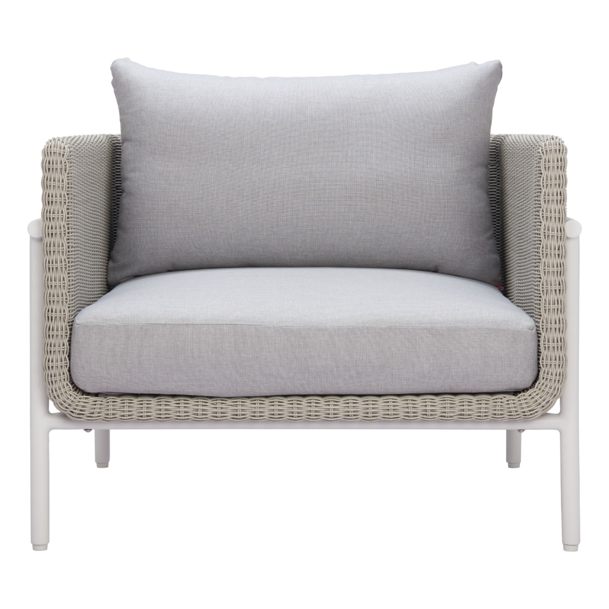 Contemporary-outdoor-chair-in-light-gray-with-wicker-frame-and-cushion-front-view---product-page---