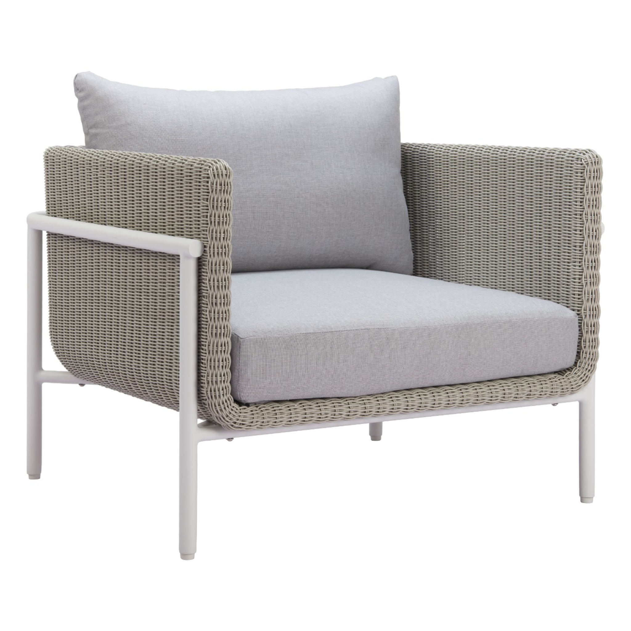 Front-view-of-modern-light-gray-outdoor-chair-with-woven-frame-and-cushion---productpage---