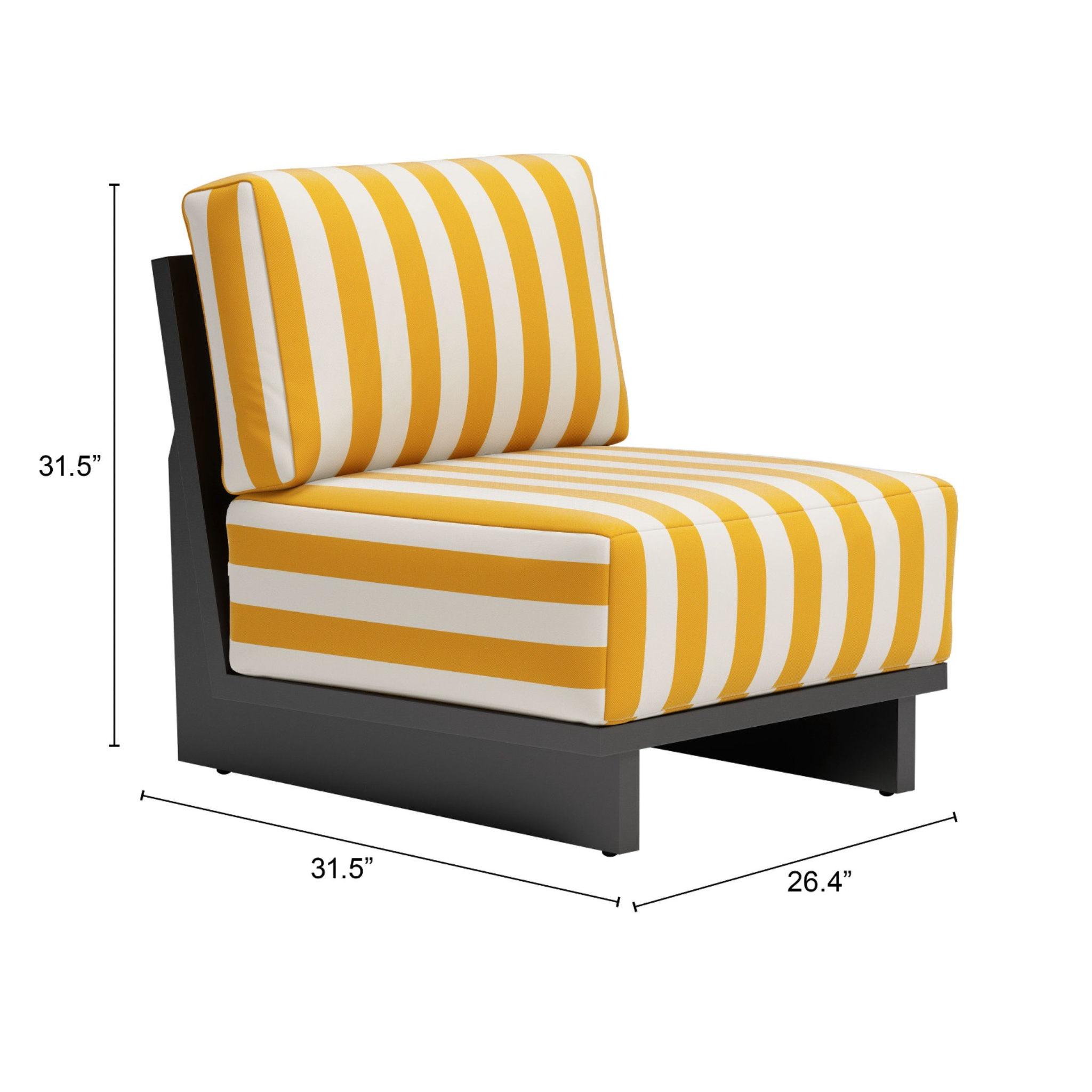 a-product-page-with-a-modern-outdoor-chair-with-yellow-and-white-stripes-showing-dimensions-of-31.5-inches-in-height-and-width-and-26.4-inches-in-depth