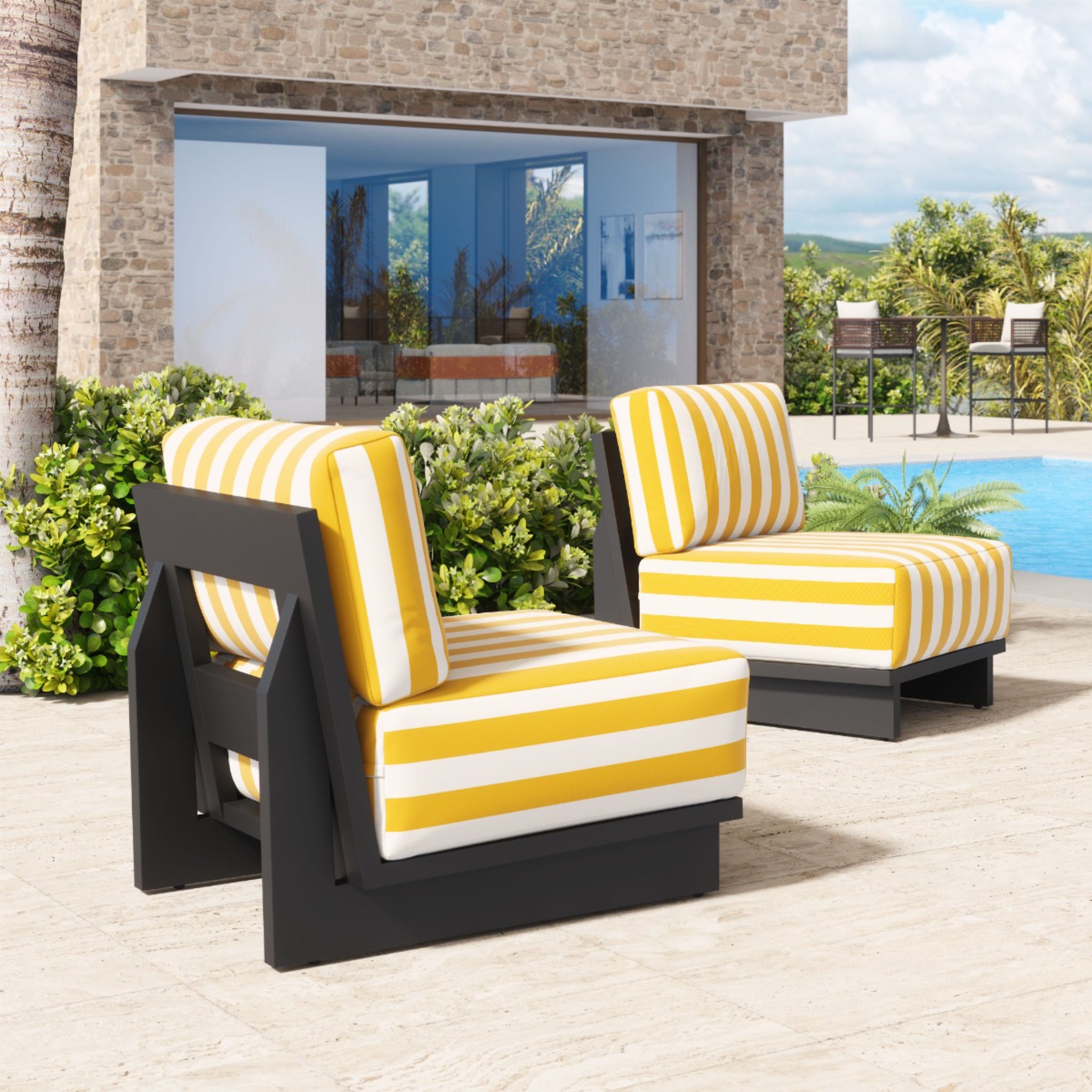 a-product-page-with-two-modern-outdoor-chairs-with-yellow-and-white-stripes-placed-in-a-patio-setting