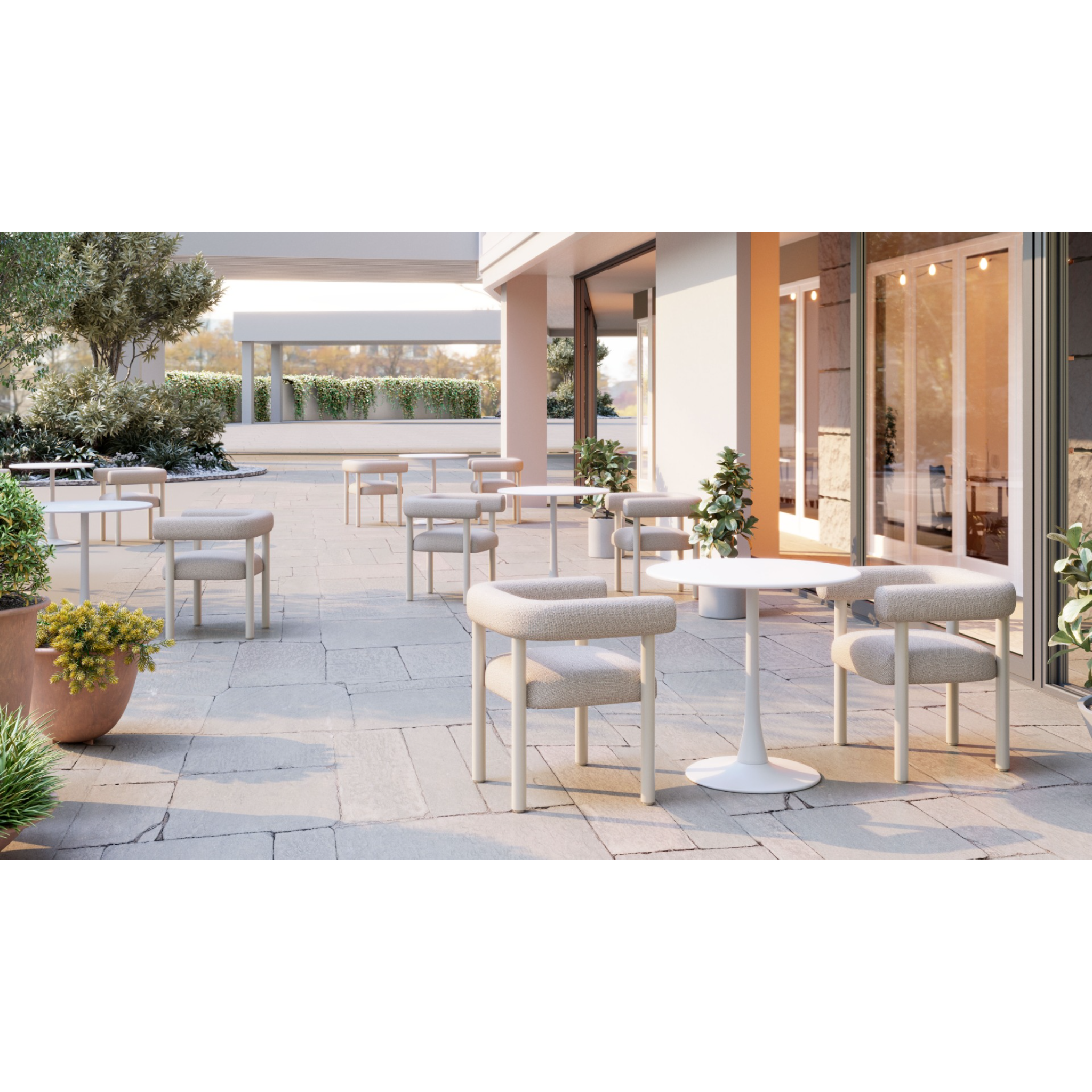 a-product-page-with-a-modern-outdoor-dining-area-with-multiple-dining-sets-featuring-light-gray-upholstered-chairs-and-white-round-tables-on-a-sunlit-patio