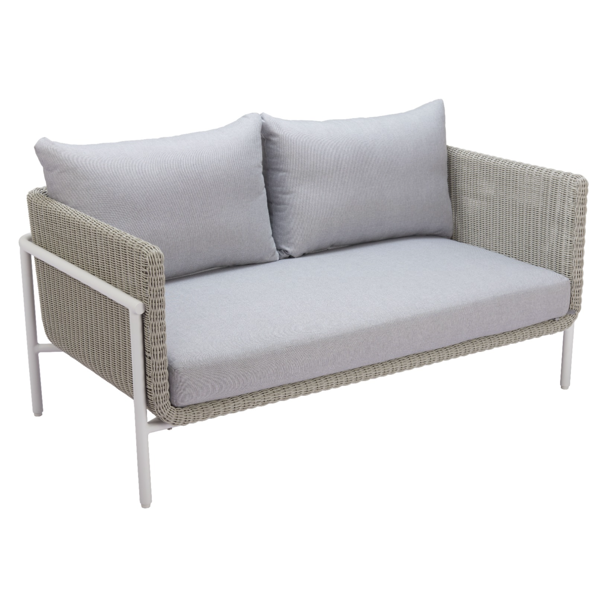 Angled-view-of-modern-outdoor-sofa-with-light-gray-cushions-and-wicker-frame---product-page---