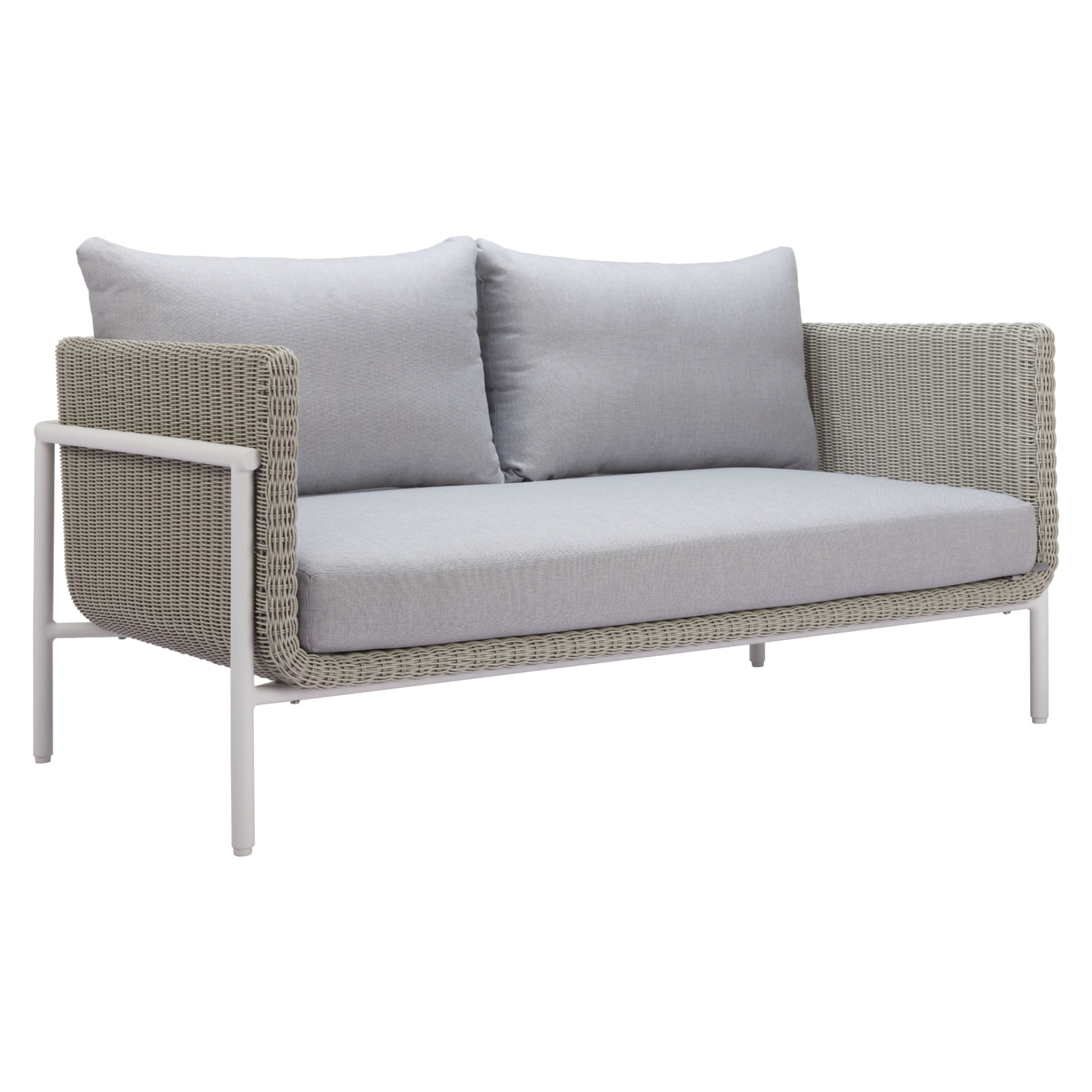 Modern-outdoor-sofa-in-light-gray-with-woven-frame-and-pillows-front-perspective---productpage---