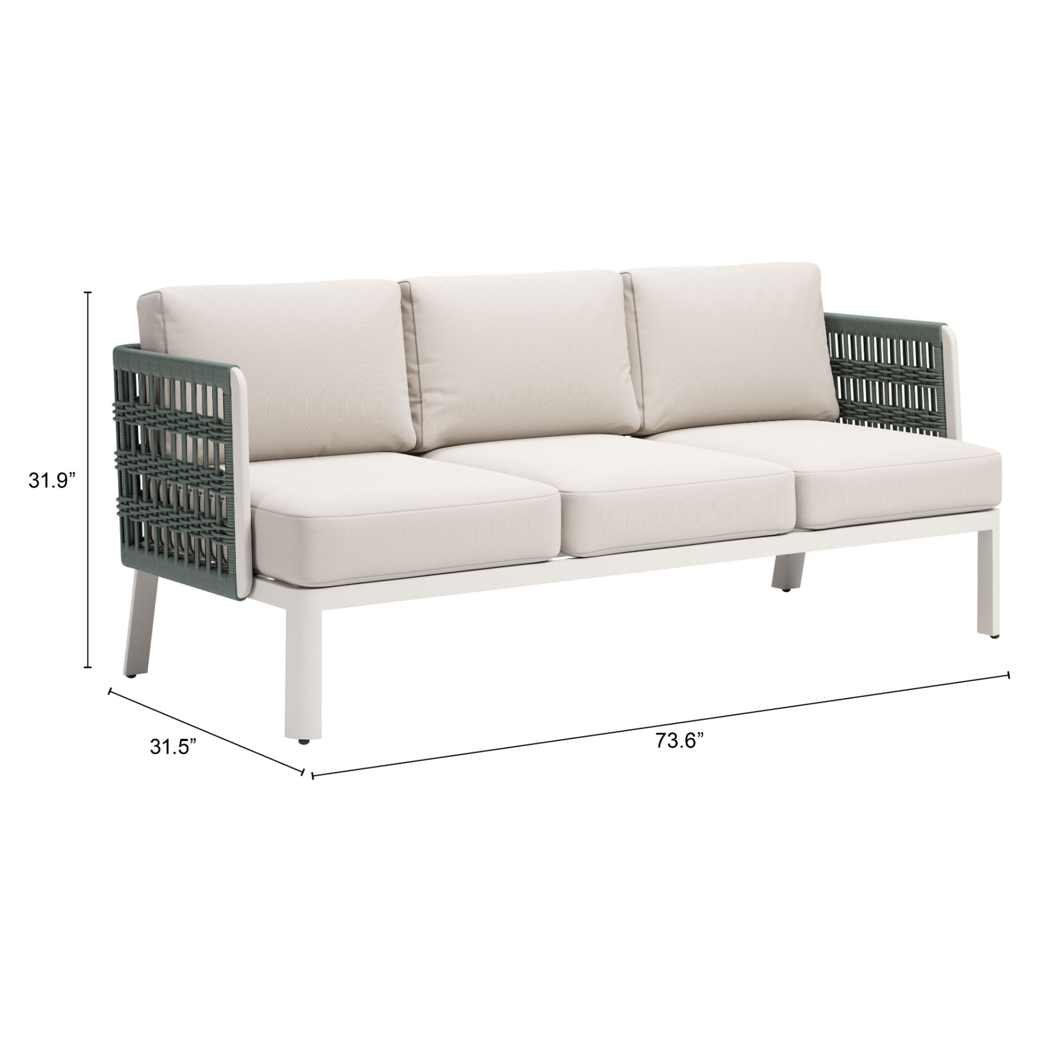 a-product-page-with-a-modern-white-sofa-with-green-woven-side-panels-showing-dimensions-of-31.9-inches-in-height-31.5-inches-in-depth-and-73.6-inches-in-length