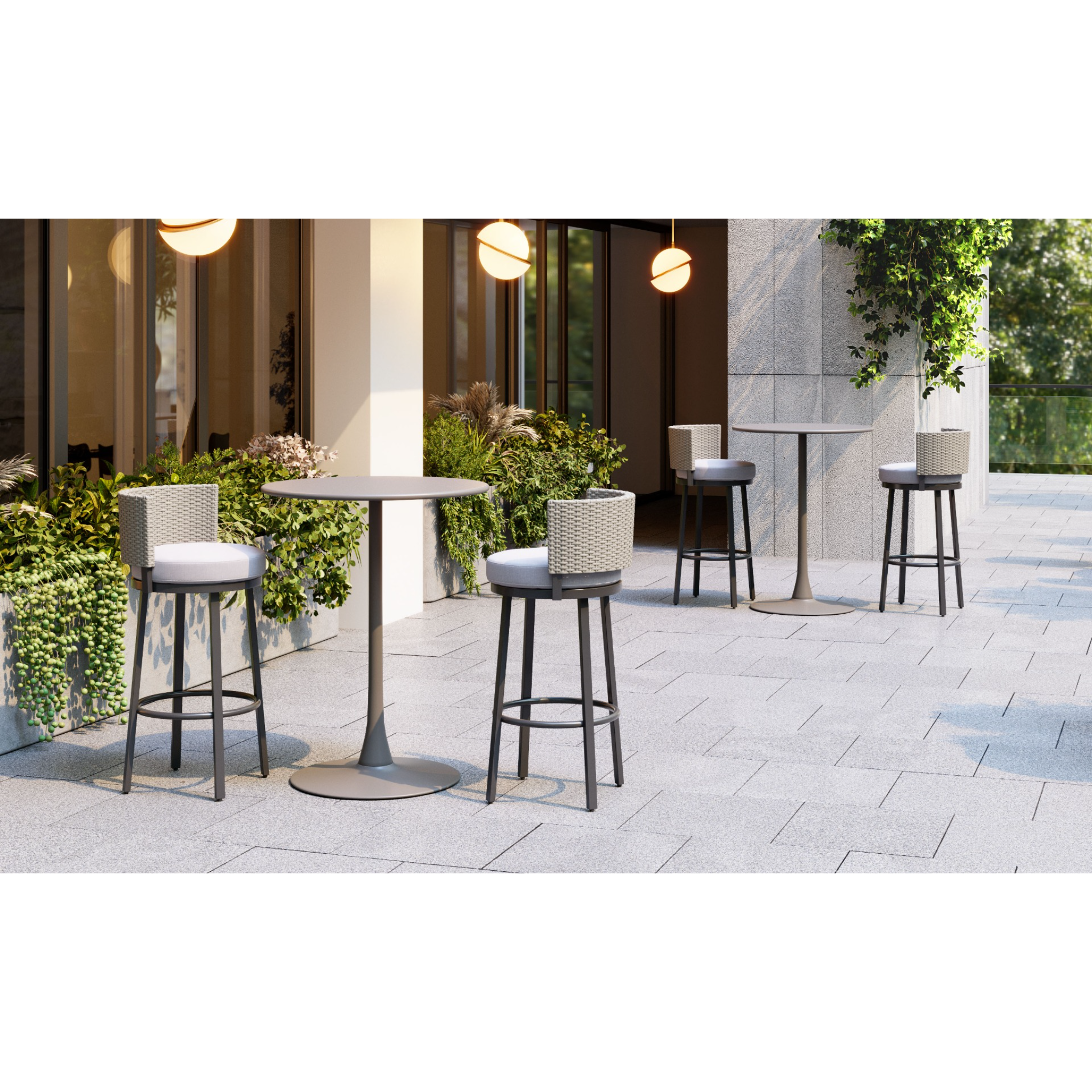 Modern-outdoor-bar-area-with-wicker-bar-stools-and-round-gray-tables-evening-ambiance---productpage---