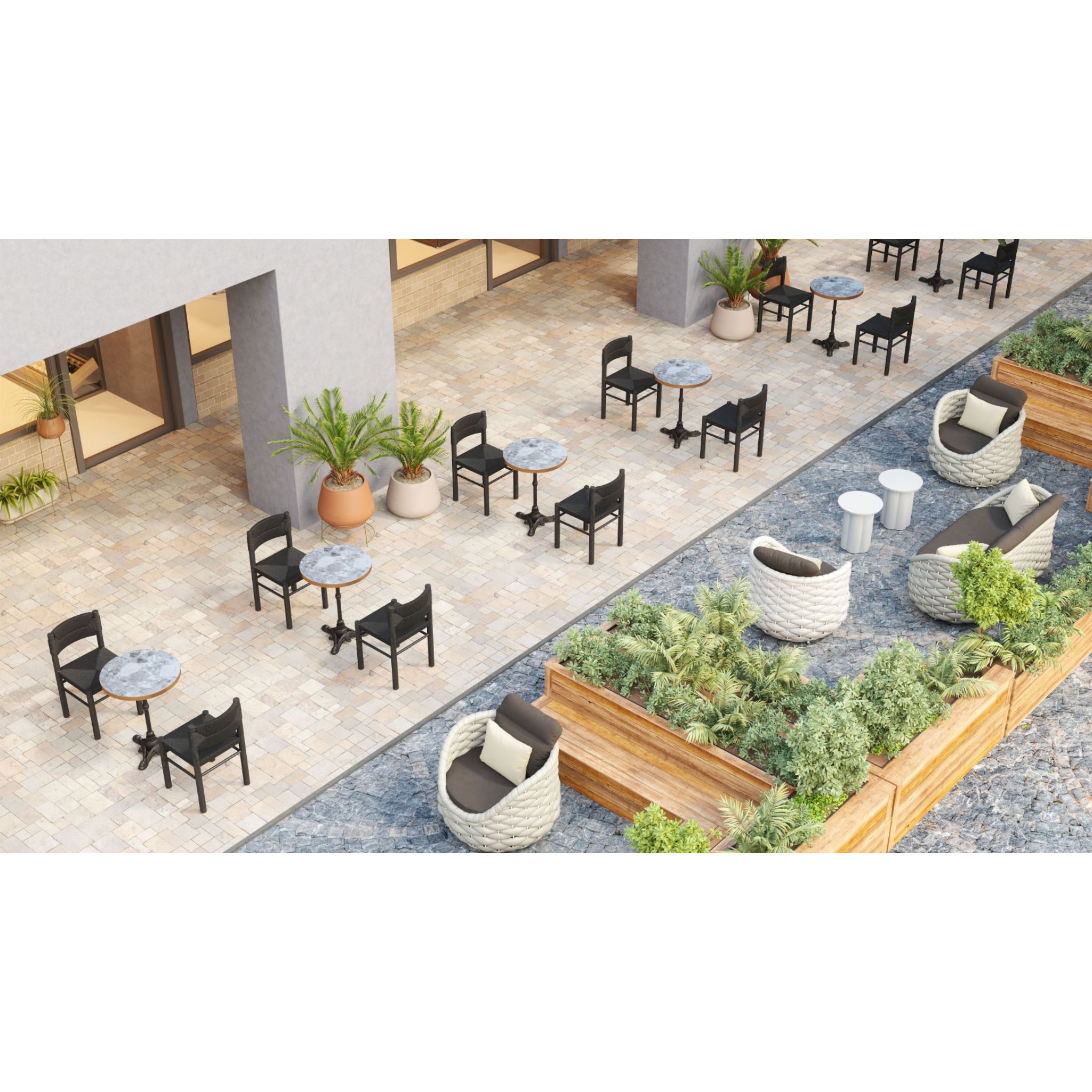 Stylish-outdoor-cafe-arrangement-with-black-chairs-round-tables-and-plants-in-pots---productpage---