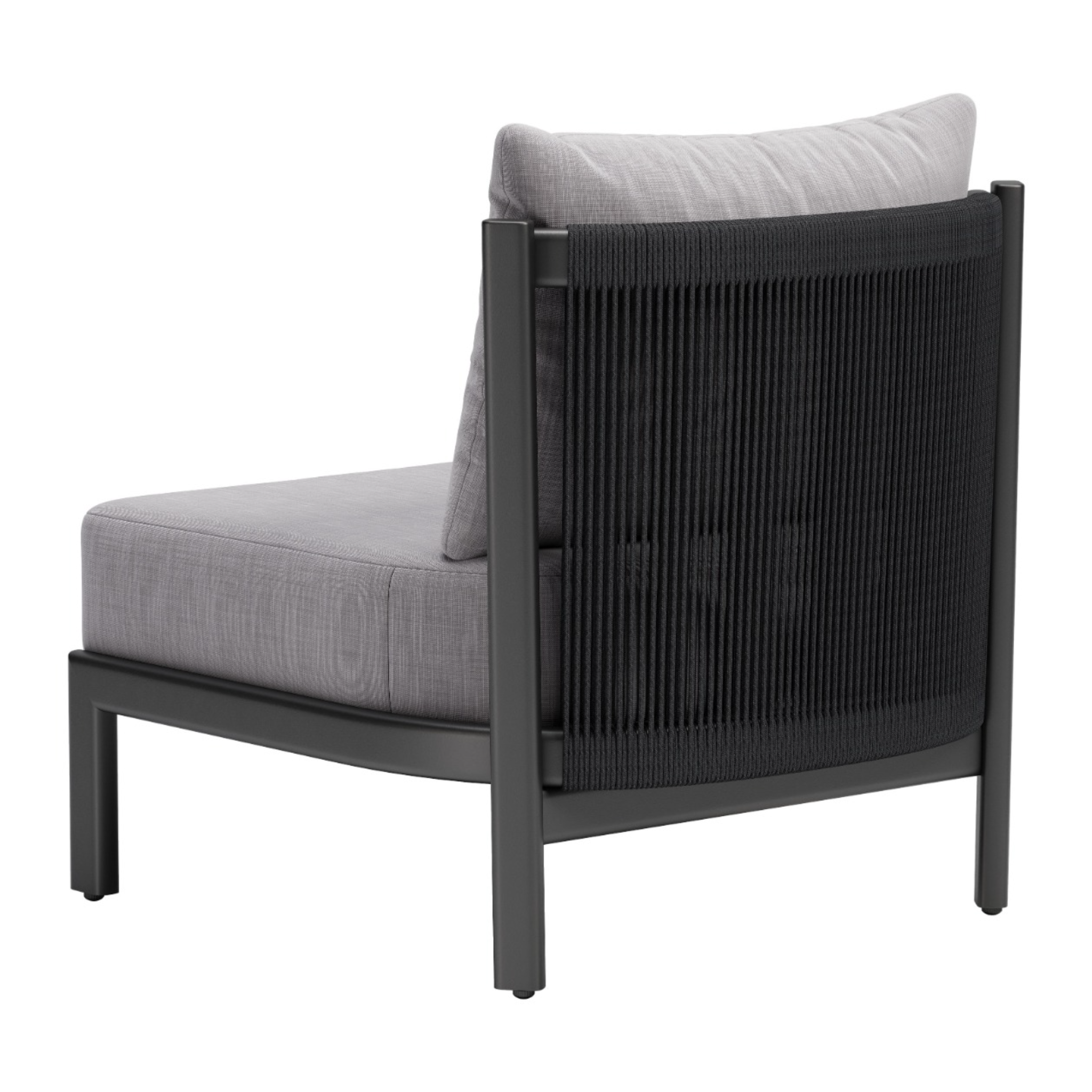 a-product-page-with-a-side-angle-back-view-of-an-outdoor-chair-showing-black-rope-design-and-gray-upholstered-cushions