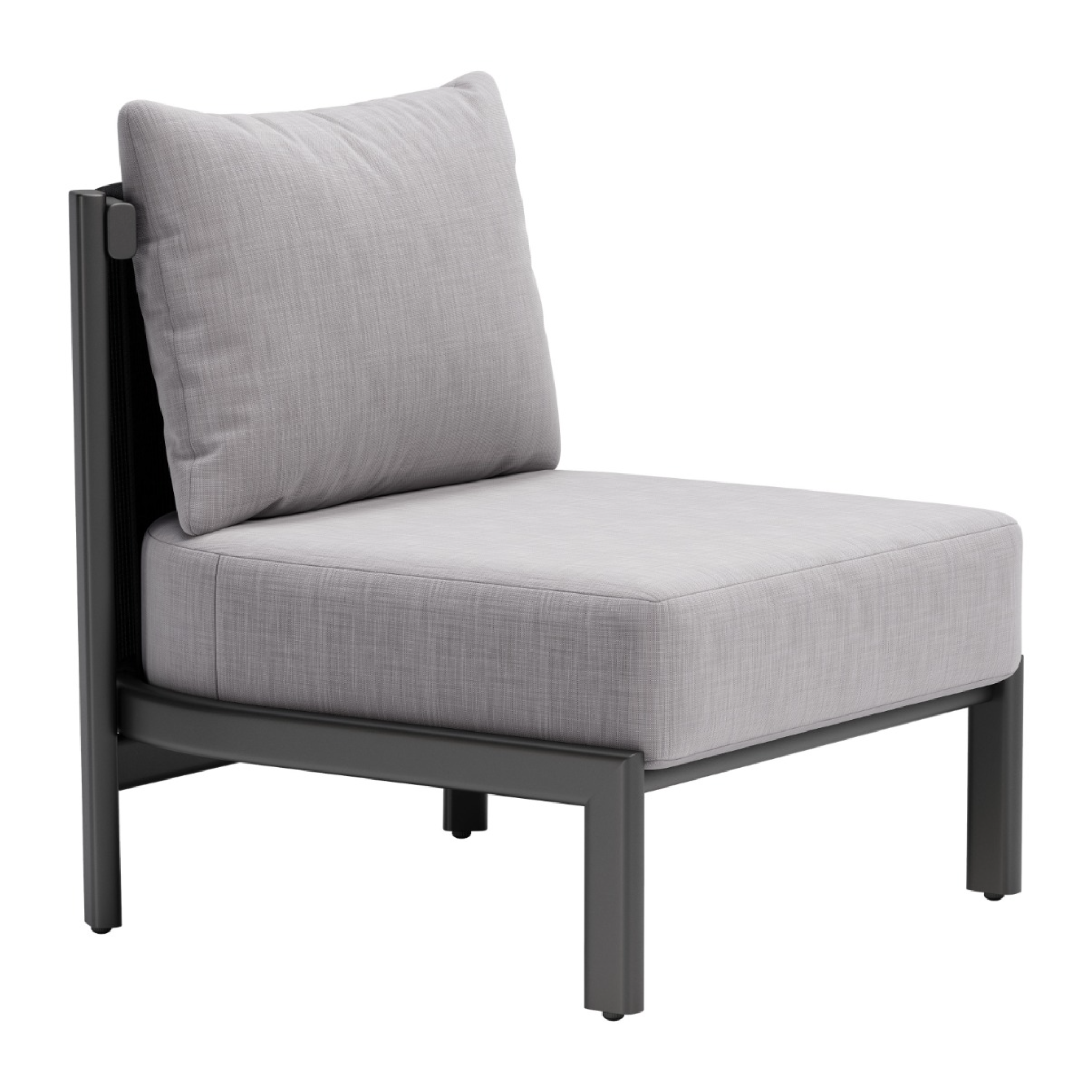 a-product-page-with-a-front-angle-view-of-an-outdoor-chair-with-gray-cushions-and-black-metal-frame