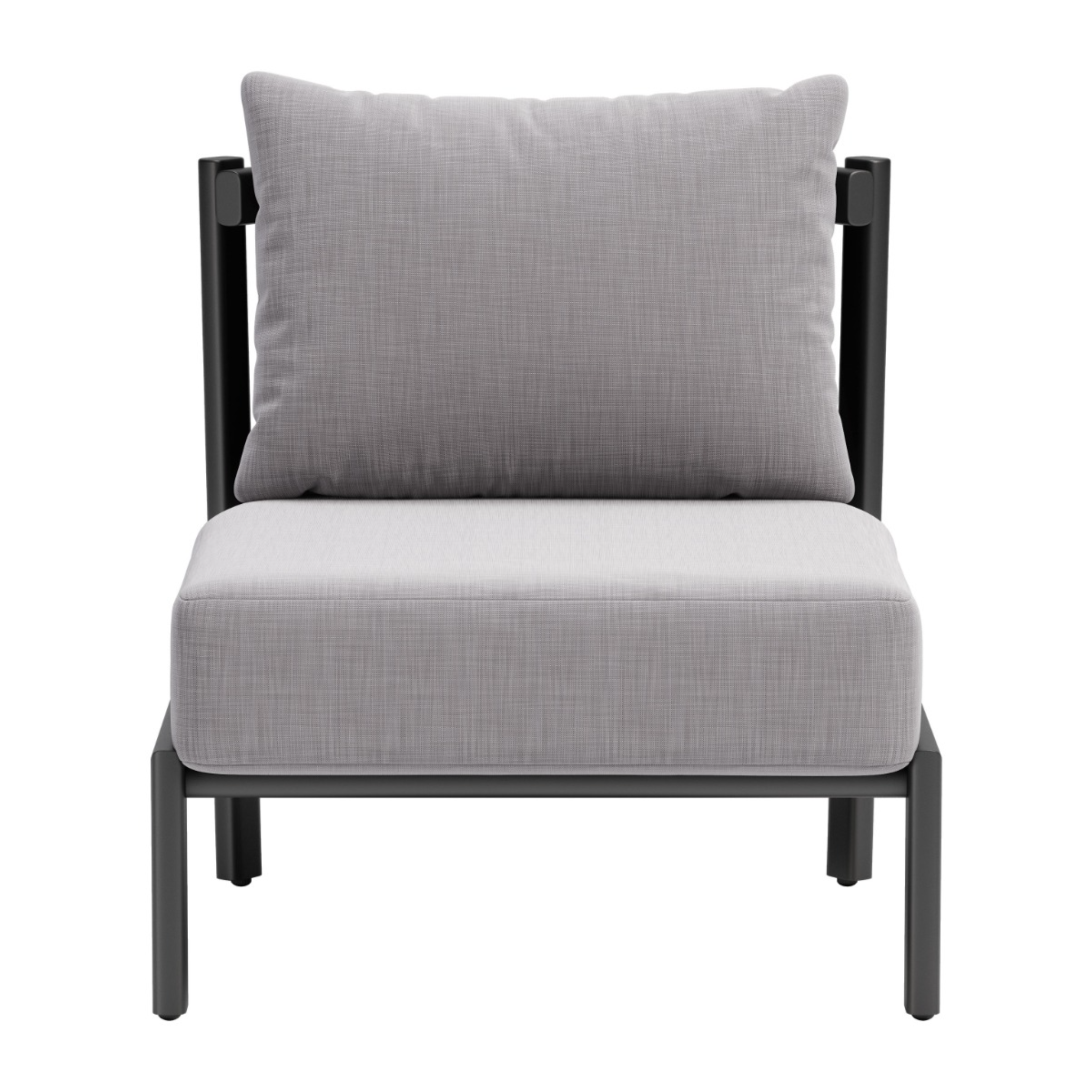 a-product-page-with-a-front-view-of-an-outdoor-chair-with-gray-cushions-and-black-frame