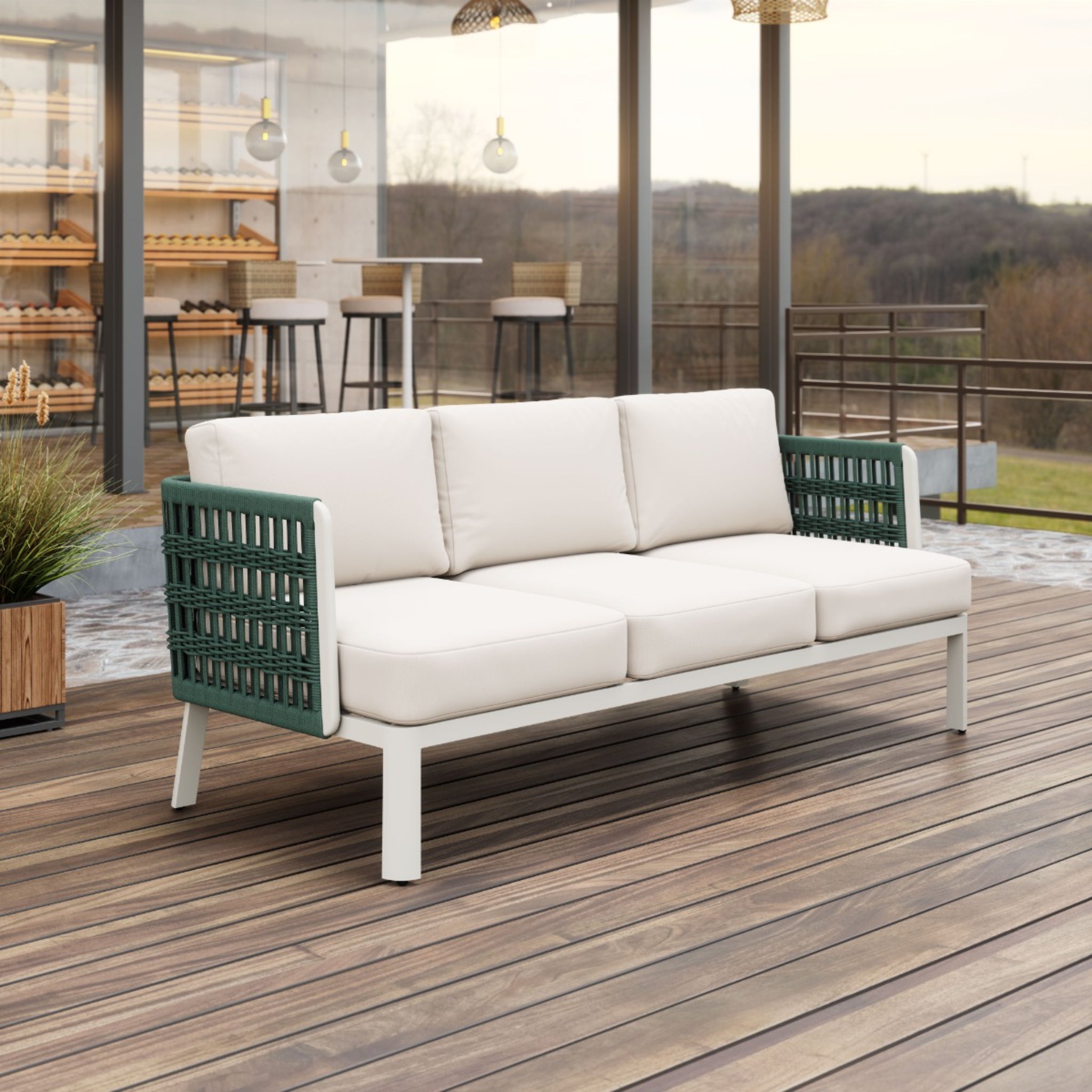 a-product-page-with-a-modern-white-sofa-with-green-woven-side-panels-set-on-a-stylish-outdoor-deck