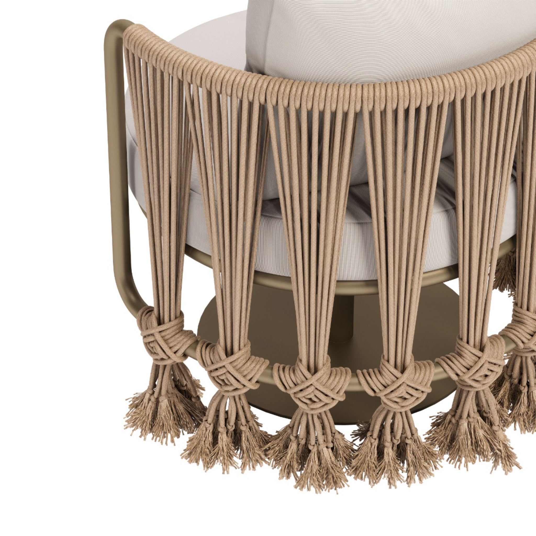 Close-up-of-tassel-details-on-tan-frame-of-patio-lounge-chair-with-white-cushions---productpage---