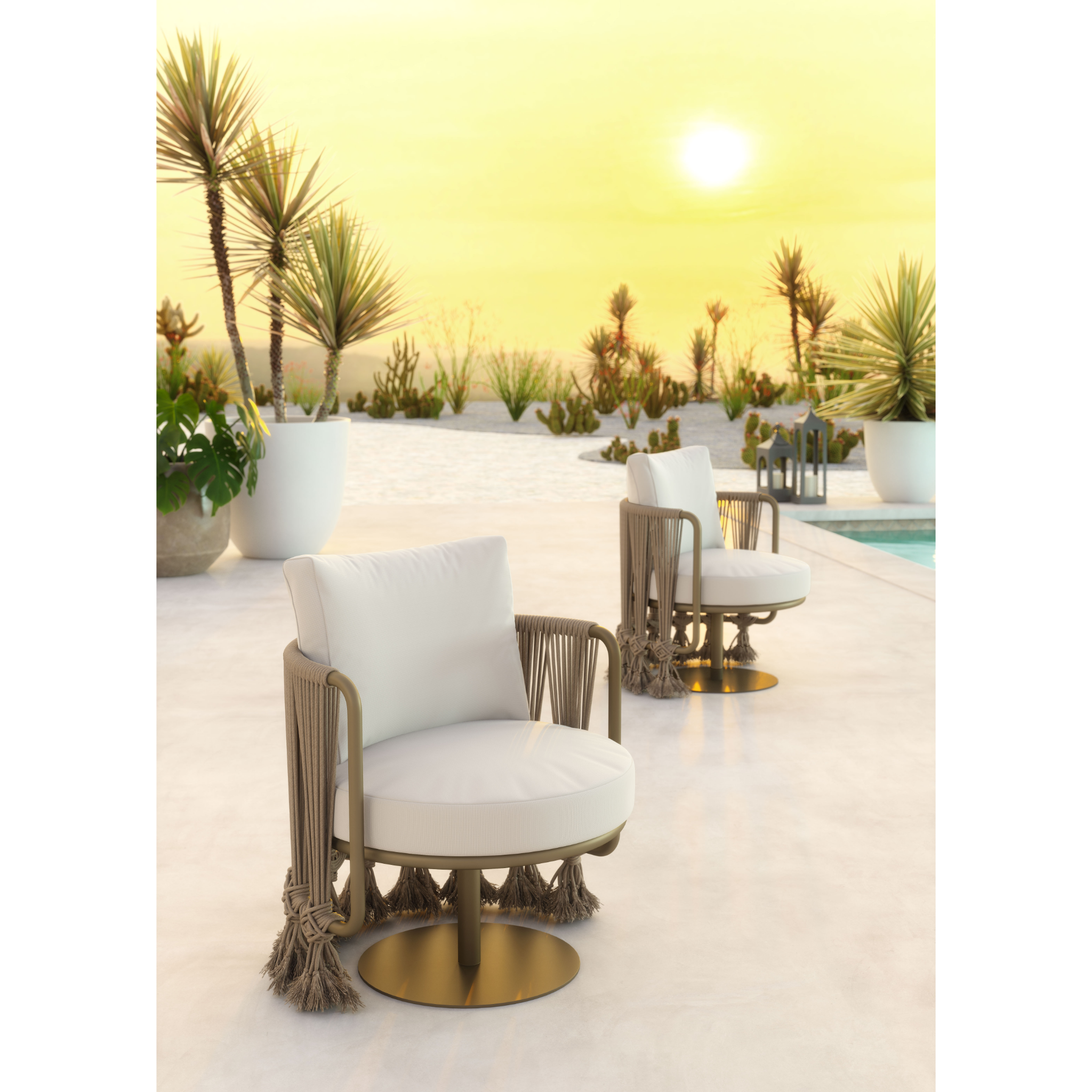 Stylish-outdoor-lounge-chairs-with-tassel-detailing-and-white-cushions-on-patio-at-sunset---productpage---