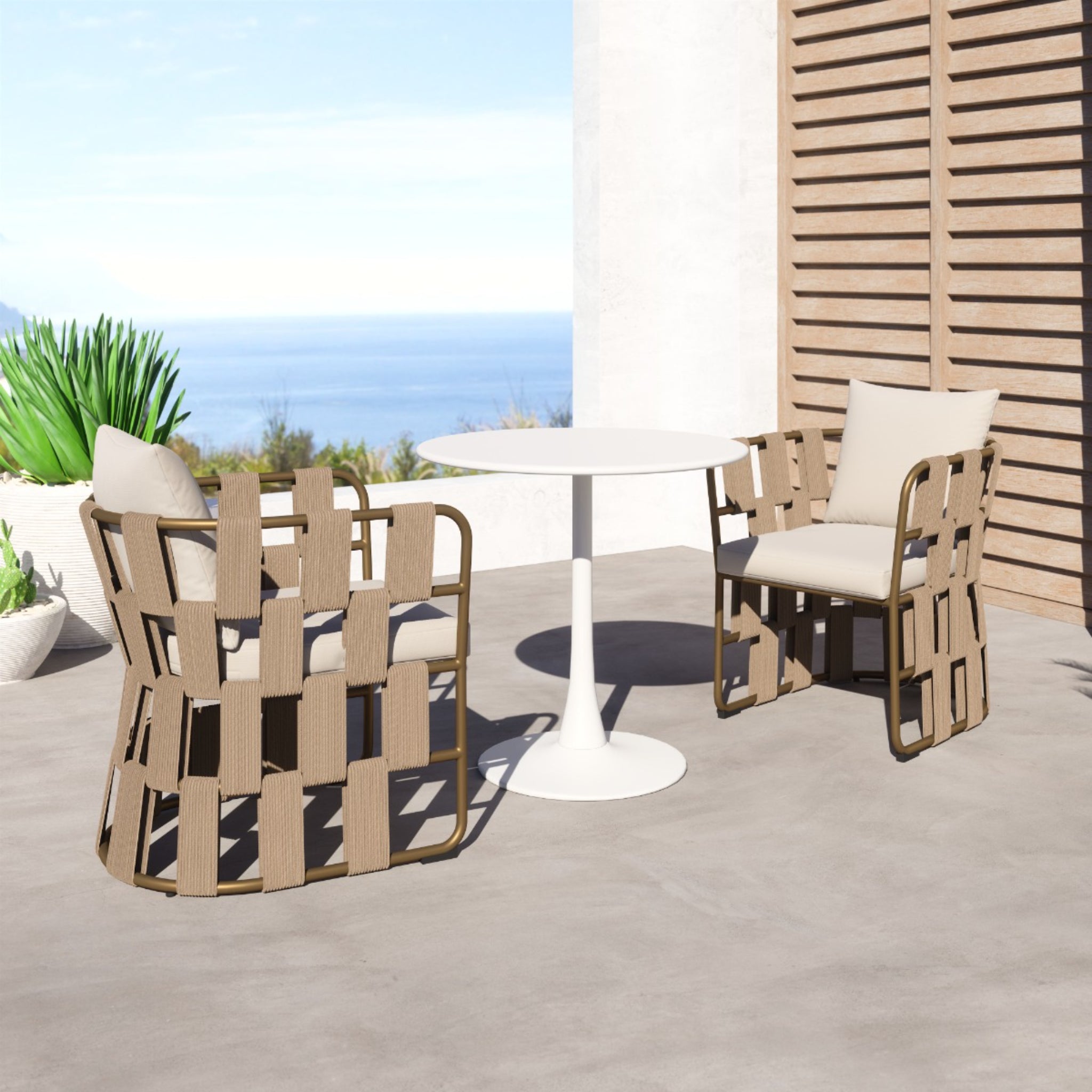 Outdoor-patio-set-with-two-woven-chairs-and-white-table-overlooking-sea-view---productpage---