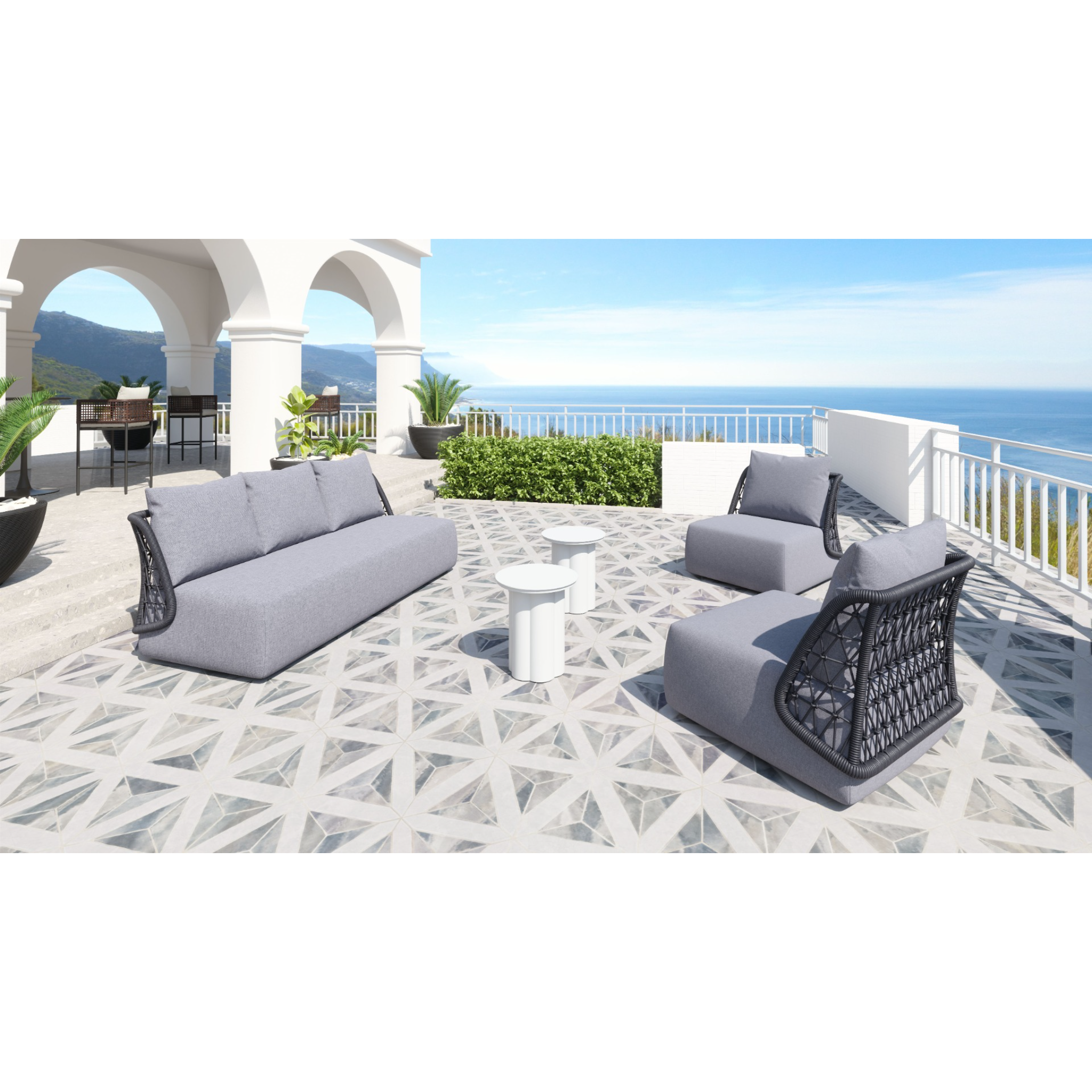 Outdoor-seating-arrangement-in-gray-with-black-rope-details-on-a-sunny-patio---productpage---