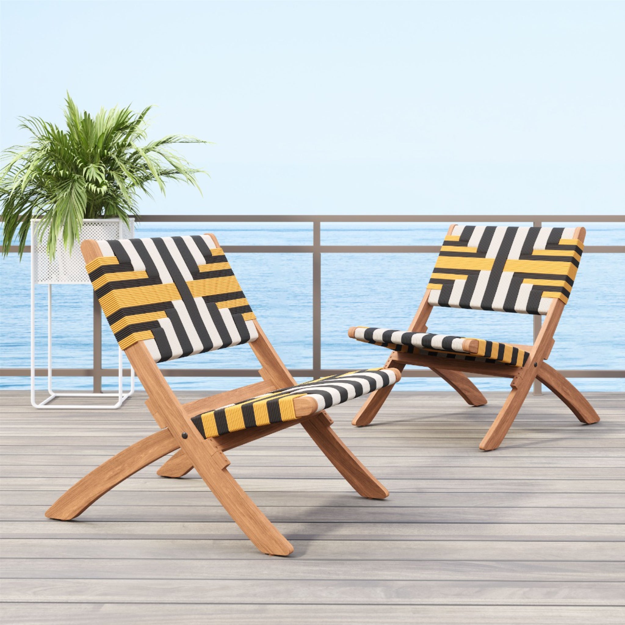 Modern-wooden-chairs-with-woven-seat-and-backrest-in-bold-geometric-design-on-deck-near-water---productpage---