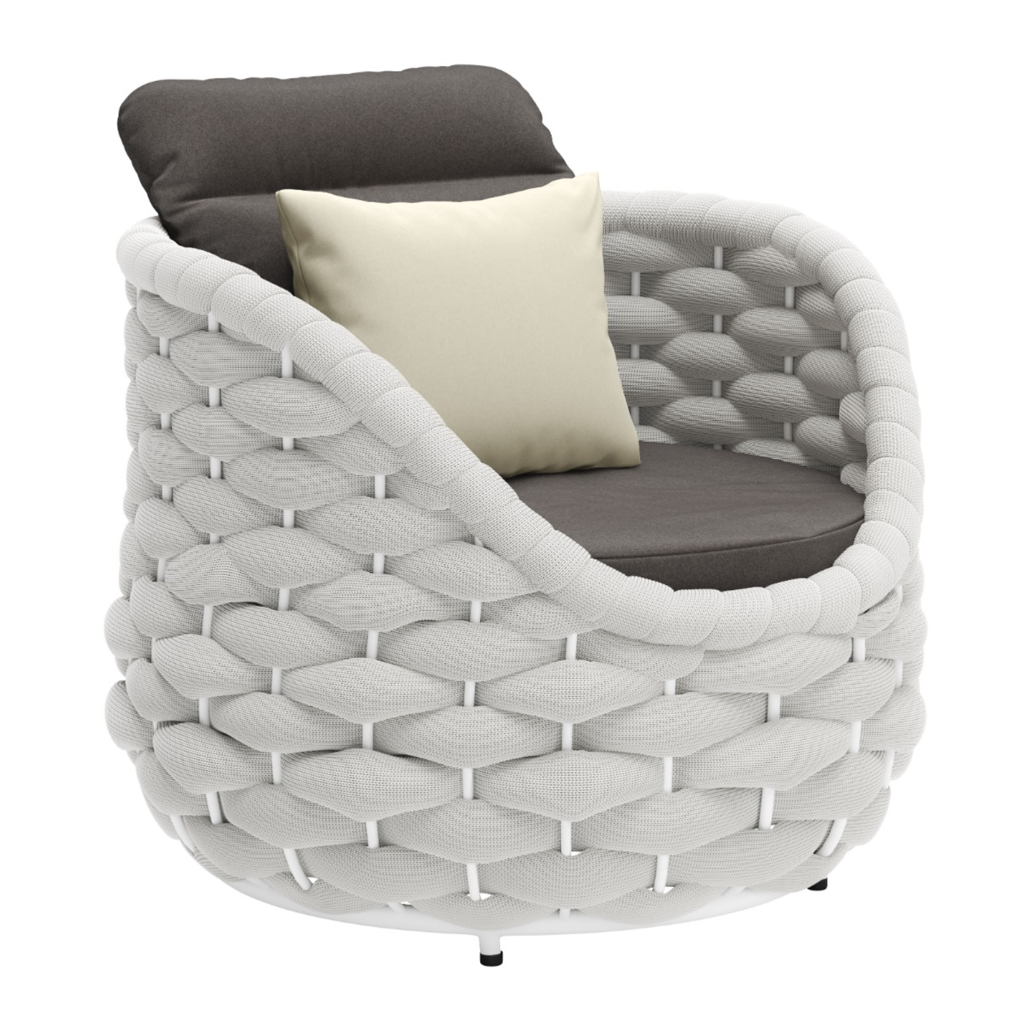 Front-angle-view-of-gray-woven-chair-with-dark-gray-cushion-and-light-cream-pillow-on-white-background---productpage---