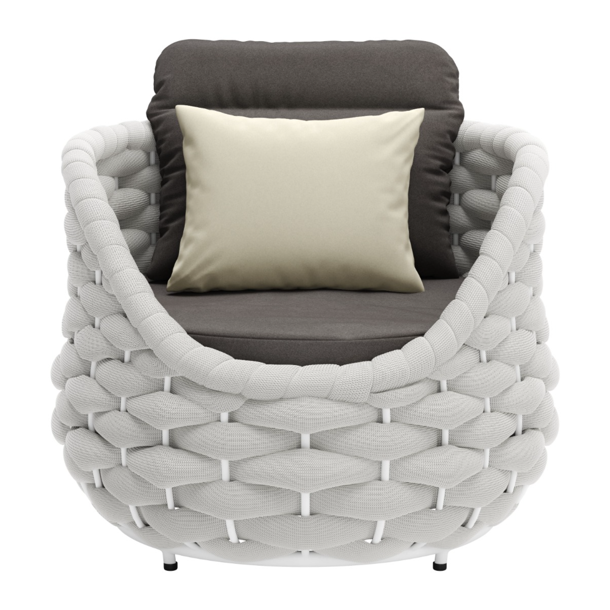 Stylish-gray-woven-chair-with-dark-gray-cushion-and-cream-pillow-front-view---productpage---