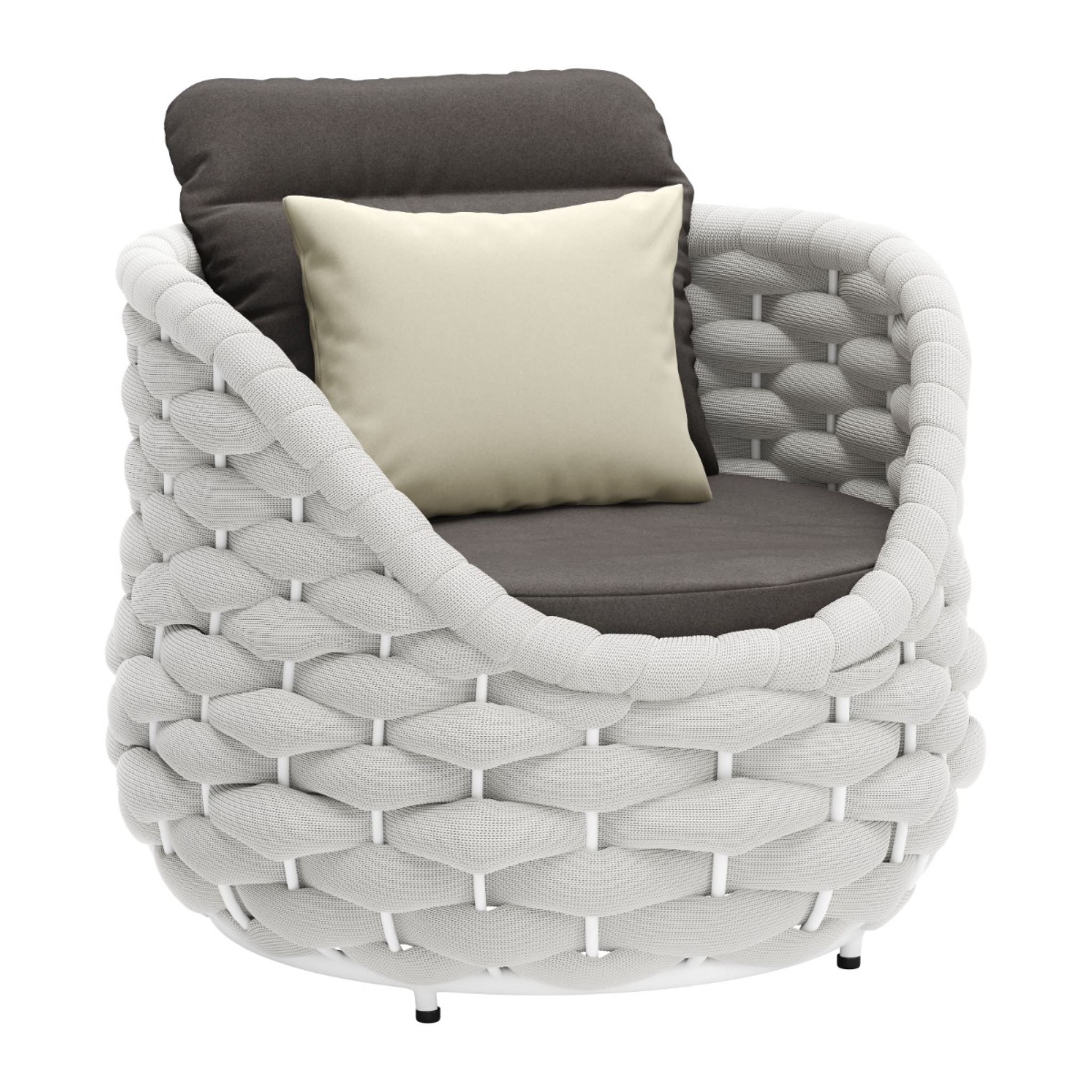 Comfortable-woven-gray-chair-with-dark-gray-cushions-and-cream-pillow-on-white-background---productpage---